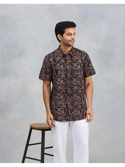 Fabindia - Men Black Cotton Collar Neck Floral Printed Shirt