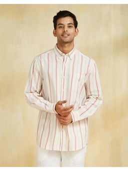 Fabindia - Men White Cotton Collar Neck Stripes Printed Shirt