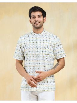 Fabindia - Men Green Cotton Mandarin Neck Printed Hand Block Shirt