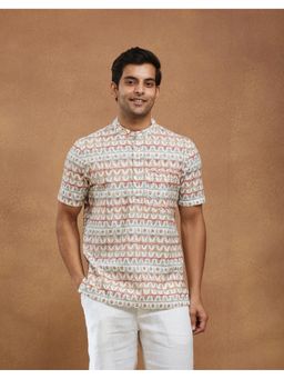Fabindia - Men Red Cotton Mandarin Neck Printed Hand Block Shirt