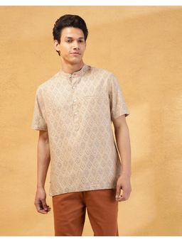 Fabindia - Men Beige Viscose Mandarin Neck Printed Hand Block Shirt