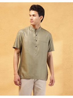 Fabindia - Men Olive Viscose Mandarin Neck Solid Woven Shirt