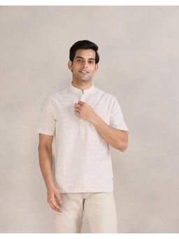 Fabindia - Men Off White Cotton Mandarin Neck Woven Ikat Shirt