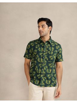 Fabindia - Men Green Cotton Mandarin Neck Printed Shirt