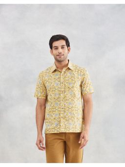 Fabindia - Men Yellow Cotton Collar Neck Printed Hand Block Shirt