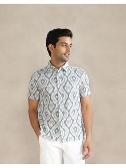 Fabindia - Men Off White Cotton Collar Neck Printed Ikat Shirt
