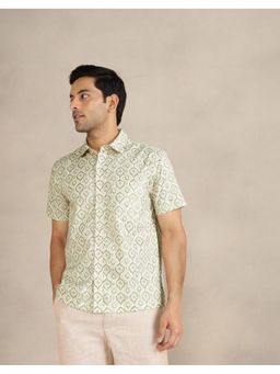 Fabindia - Men Off White Cotton Collar Neck Printed Hand Block Shirt