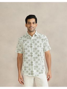 Fabindia - Off White Cotton Collar Neck Printed Hand Block Shirt