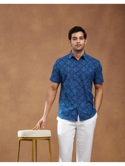 Fabindia - Men Indigo Cotton Collar Neck Polka Dots Printed Shirt