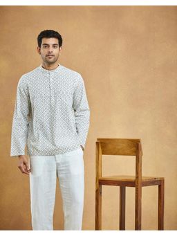 Fabindia - Men White Cotton Mandarin Neck Printed Shirt