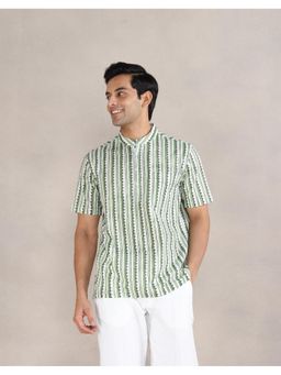 Fabindia - White Cotton Mandarin Neck Printed Hand Block Shirt