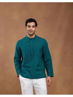 Fabindia - Men Teal Cotton Mandarin Neck Solid Woven Shirt