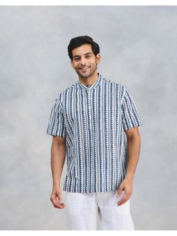 Fabindia - Men White Cotton Mandarin Neck Printed Hand Block Shirt