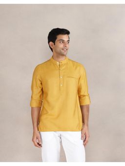 Fabindia - Men Mustard Viscose Mandarin Neck Solid Woven Shirt