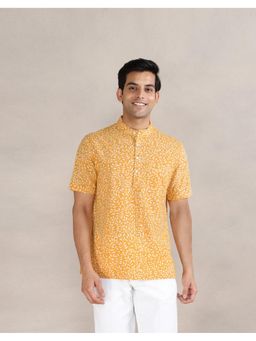 Fabindia - Men Mustard Cotton Mandarin Neck Printed Hand Block Shirt
