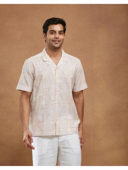 Fabindia - Men White Cotton Collar Neck Printed Hand Block Shirt
