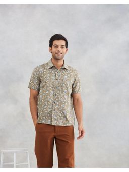 Fabindia - Men Olive Cotton Collar Neck Floral Hand Block Shirt