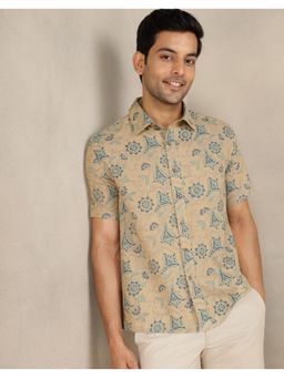 Fabindia - Men Khaki Cotton Collar Neck Floral Hand Block Shirt
