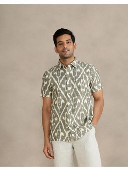 Fabindia - Men Olive Cotton Collar Neck Printed Ikat Shirt