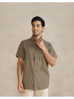Fabindia - Men Brown Cotton Collar Neck Abstract Printed Shirt