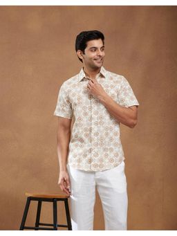 Fabindia - Men White Cotton Collar Neck Printed Hand Block Shirt