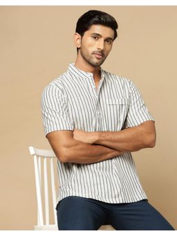 Fabindia - Men White Cotton Mandarin Neck Stripes Shirt