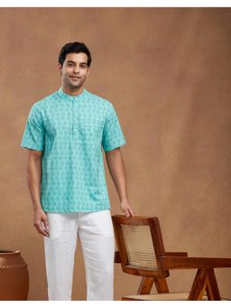 Fabindia - Men Aqua Cotton Mandarin Neck Printed Hand Block Shirt