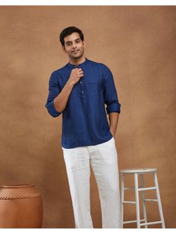Fabindia - Men Navy Blue Viscose Mandarin Neck Solid Woven Shirt