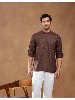 Fabindia - Men Brown Viscose Mandarin Neck Printed Hand Block Shirt