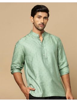 Fabindia - Men Green Viscose Mandarin Neck Printed Hand Block Shirt