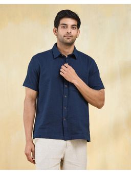 Fabindia - Men Blue Cotton Collar Neck Textured Woven Shirt