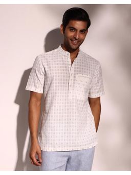 Fabindia - Men White Cotton Mandarin Neck Checks Woven Shirt