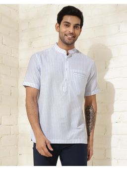Fabindia - Men White Cotton Mandarin Neck Stripes Printed Shirt