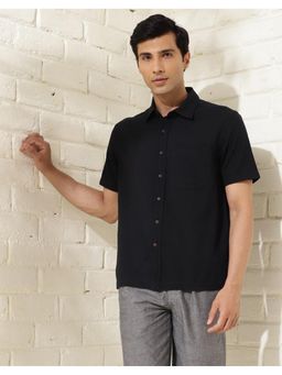 Fabindia - Men Black Cotton Collar Neck Textured Woven Shirt