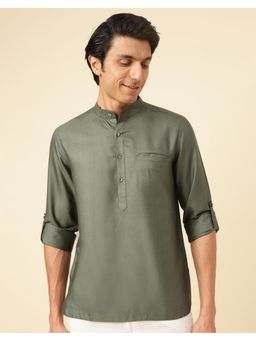 Fabindia - Men Green Viscose Mandarin Neck Solid Woven Shirt