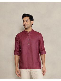 Fabindia - Men Wine Viscose Mandarin Neck Solid Woven Shirt