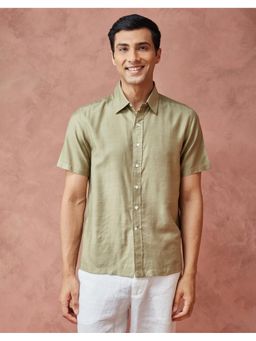 Fabindia - Men Olive Viscose Collar Neck Solid Woven Shirt