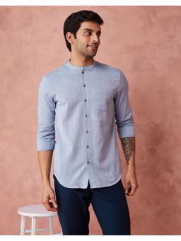 Fabindia - Men Blue Cotton Mandarin Neck Solid Woven Shirt