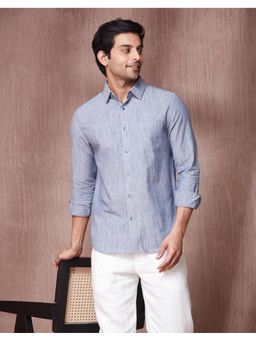 Fabindia - Men Blue Cotton Collar Neck Solid Woven Shirt