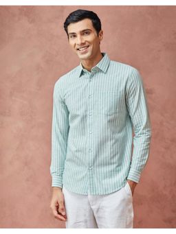 Fabindia - Men Green Cotton Blend Collar Neck Stripes Printed Shirt