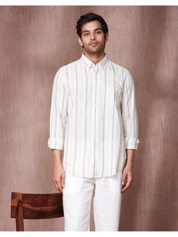 Fabindia - White Cotton Collar Neck Stripes Printed Shirt