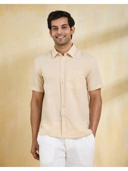 Fabindia - Men Beige Linen Blend Collar Neck Solid Woven Shirt