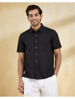 Fabindia - Men Black Linen Blend Collar Neck Solid Woven Shirt