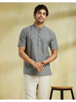 Fabindia - Men Grey Cotton Mandarin Neck Woven Shirt
