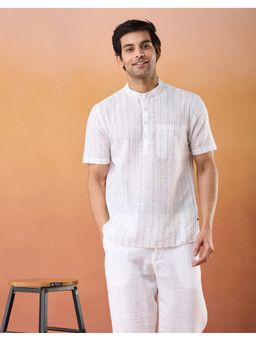 Fabindia - White Cotton Mandarin Neck Stripes Printed Shirt