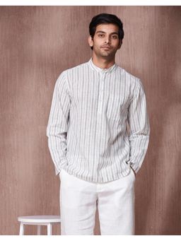 Fabindia - Men White Cotton Mandarin Neck Stripes Printed Shirt