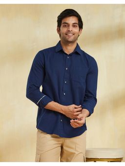 Fabindia - Men Navy Blue Cotton Linen Collar Neck Solid Woven Shirt