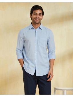 Fabindia - Men Blue Cotton Linen Collar Neck Solid Woven Shirt