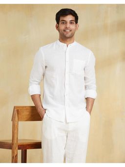 Fabindia - Men White Linen Blend Mandarin Neck Solid Woven Shirt