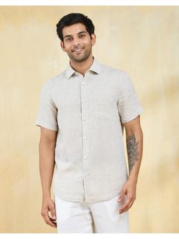 Fabindia - Men Beige Linen Collar Neck Solid Woven Shirt